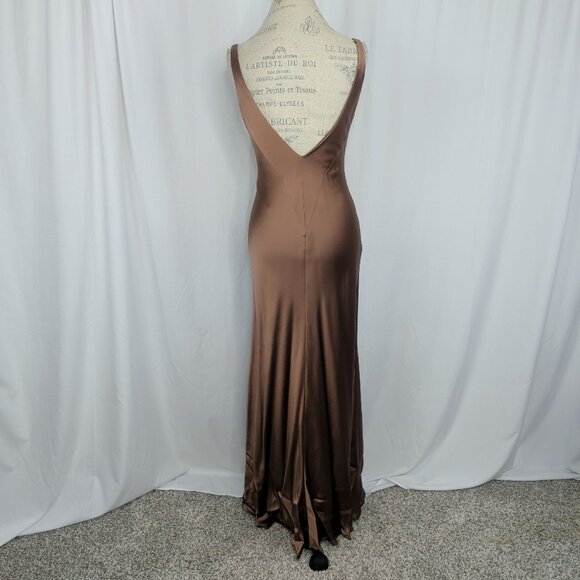 Vintage 90s Carmen Marc Valvo Bronze Formal Gown 4 Small V-Neck - Picture 6 of 10